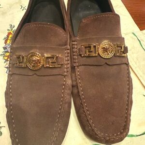 Versace Brown Suede Loafers with Gold Medallion